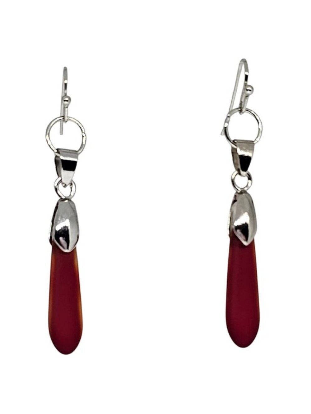 Handmade Cherry Red Beach Sea Glass Beads Silver Dangle Boho Earrings